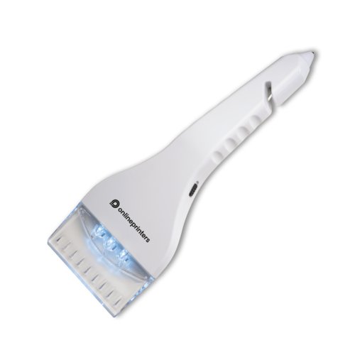 White plastic ice scraper with rubber lip and integrated ice pick.