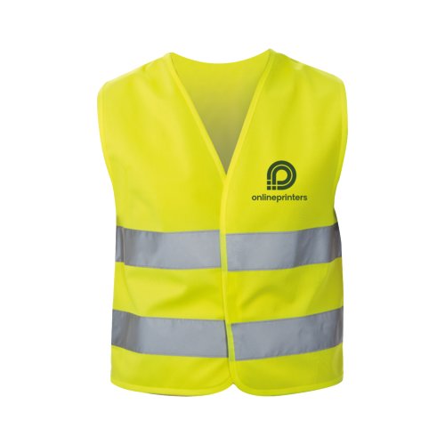 Yellow children's safety vest with reflective stripes.