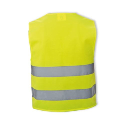 Yellow children's safety vest with reflective stripes.