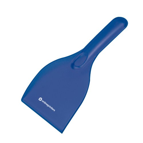 Blue plastic ice scraper with handle.