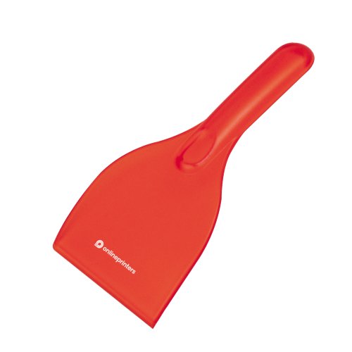 Red plastic ice scraper with handle.
