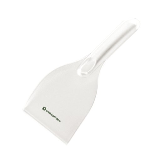 White plastic ice scraper with handle.
