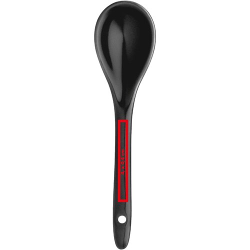 Black ceramic spoon with hole at the end of the handle.