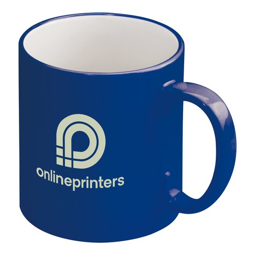 Blue ceramic mug with handle.