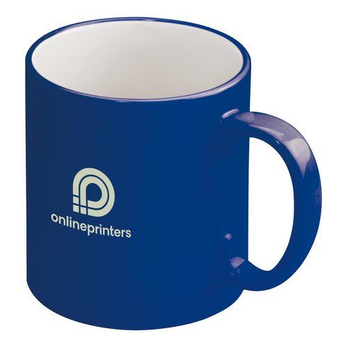Blue ceramic mug with handle.