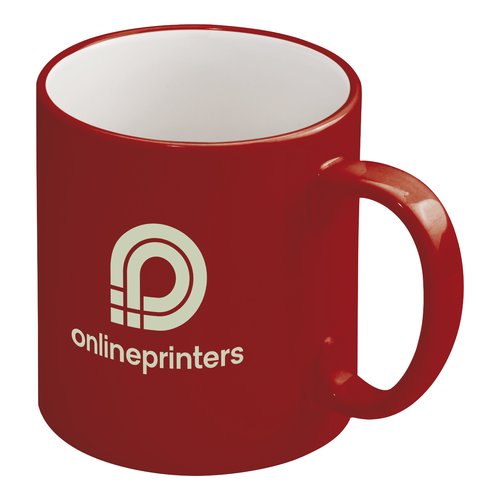 Red ceramic mug with handle.