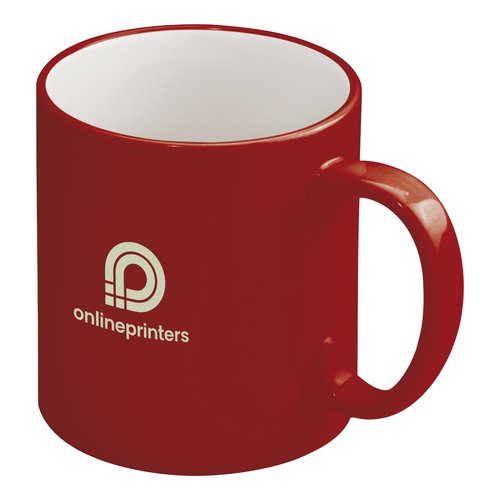 Red ceramic mug with handle.