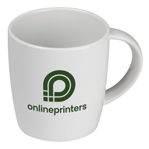 White ceramic mug with handle.