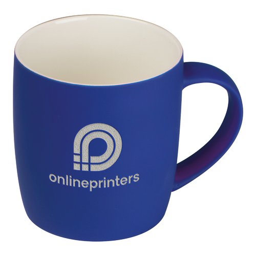 Blue ceramic mug with rounded shape and handle.