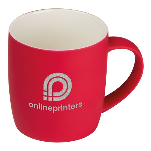 Red ceramic mug with handle.