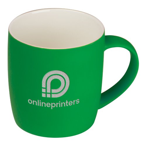 Green ceramic mug with rounded edges and handle.