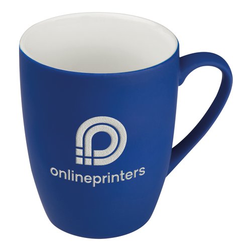 Blue ceramic mug with handle.