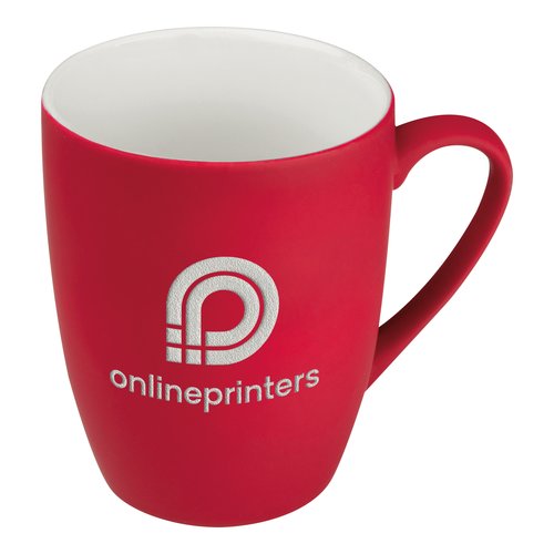 Red ceramic mug with handle.