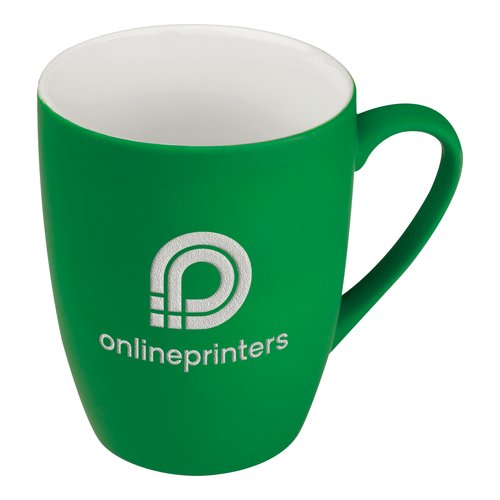 Green ceramic mug with rounded design and handle.