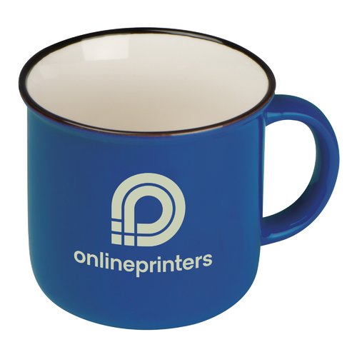 Blue ceramic mug in retro look with handle.