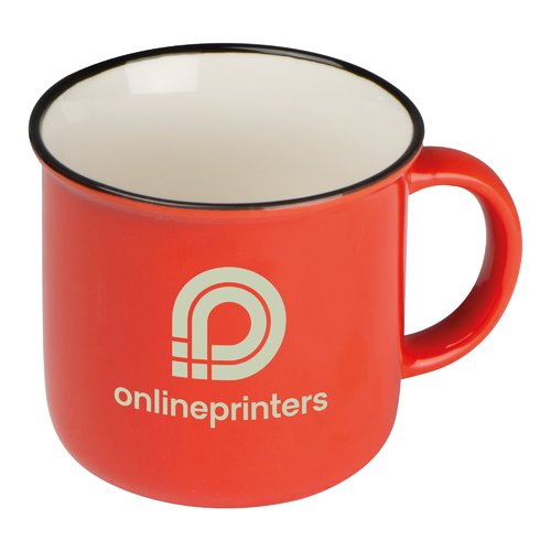 Red ceramic mug in retro design with handle.