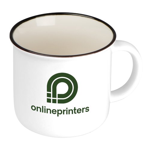 White ceramic mug in retro style with handle.