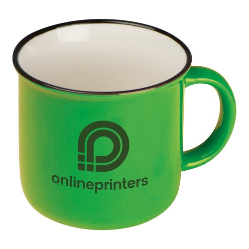 Green ceramic mug in retro style with handle.