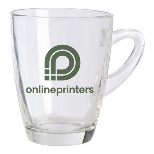 Clear glass mug with handle.