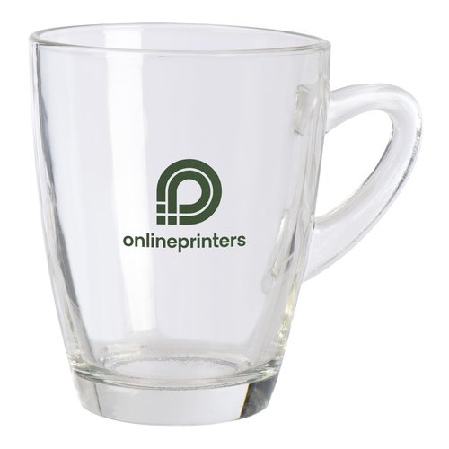 Clear glass mug with handle.