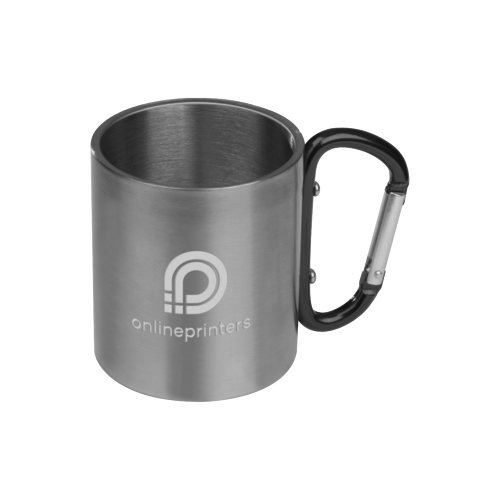 Black metal mug with carabiner handle.