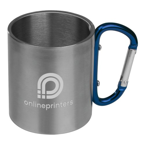 Blue metal mug with carabiner handle.