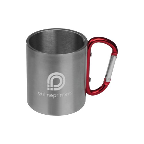 Red metal mug with carabiner handle.