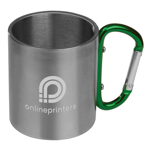 Metal mug with carabiner handle.