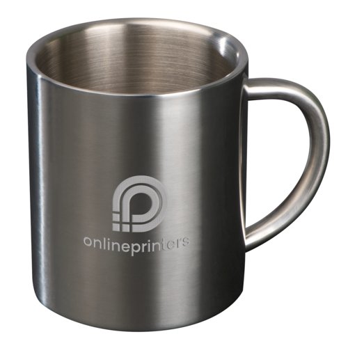 Silver metal mug with handle.