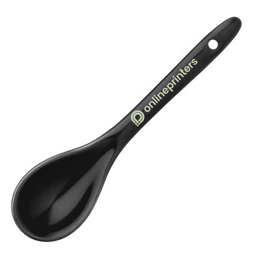 Black plastic spoon with a hole at the end of the handle.