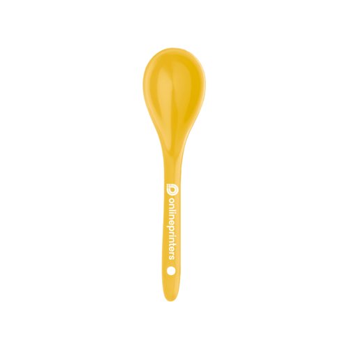 Yellow plastic spoon with rounded bowl.