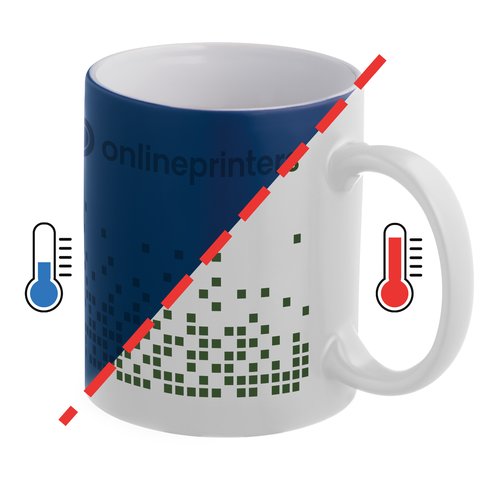 Blue ceramic mug, color-changing with handle.