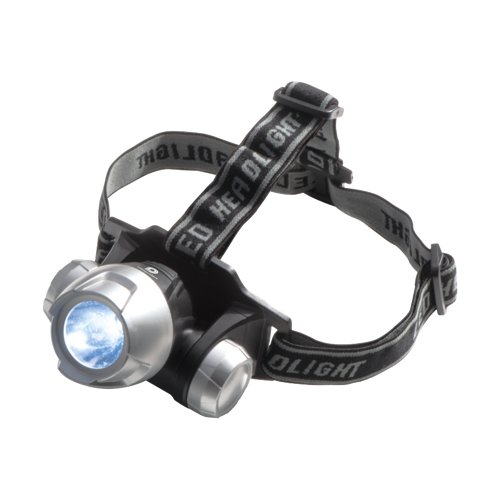 Gray headlamp with adjustable headband.