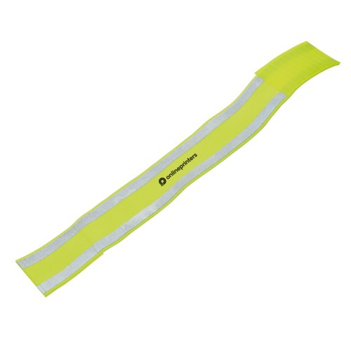 Yellow reflective armband with hook and loop fastener.