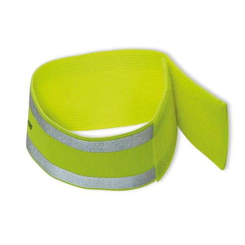 Yellow reflective armband with hook and loop fastener.