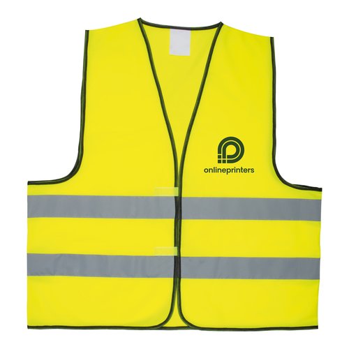 Yellow safety vest with reflective stripes and hook and loop fastener.