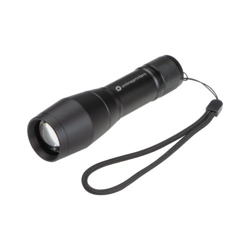 Black metal flashlight with LED and wrist strap.