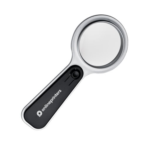 Silver magnifying glass with LED lighting and handle.