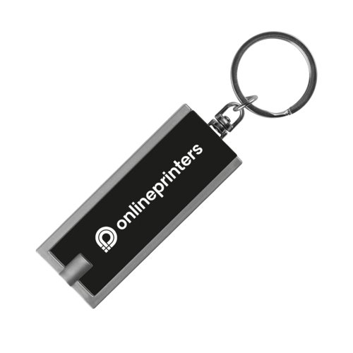 Black plastic keychain with LED light and metal ring.