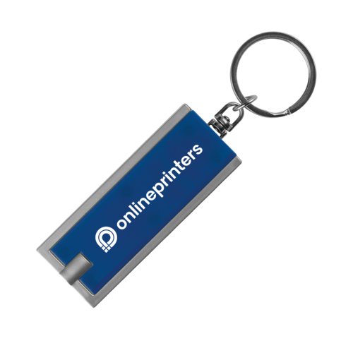 Blue metal keychain with LED light.