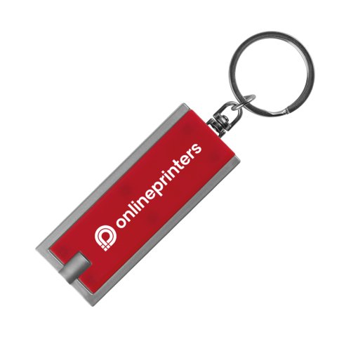 Red plastic keychain with LED light.