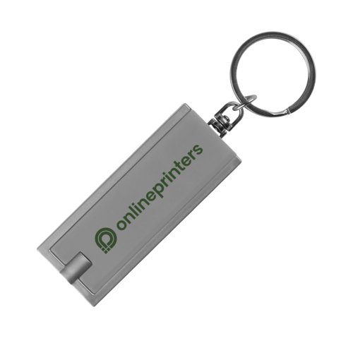 Gray plastic keychain with LED light and metal ring.