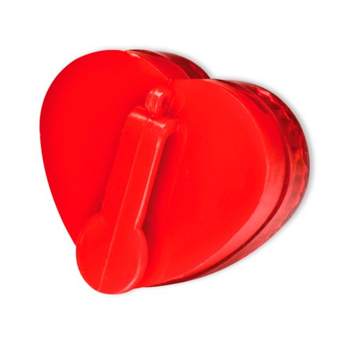 Red heart-shaped blink light with clip fastening.