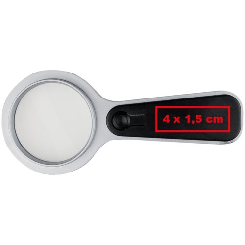 Silver magnifying glass with LED light on the handle.