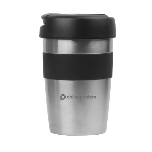 Silver-colored stainless steel insulated mug with black lid and grip.