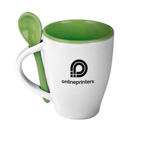 Green ceramic mug with matching spoon.