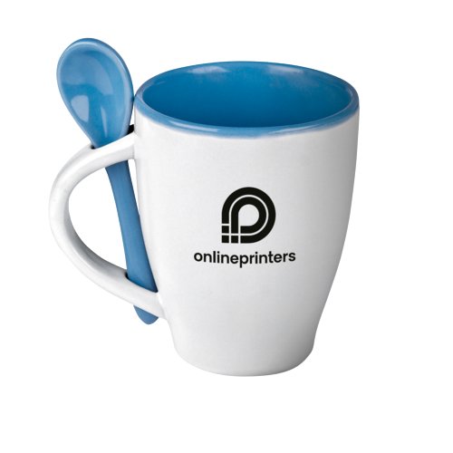 Blue ceramic coffee mug with spoon.