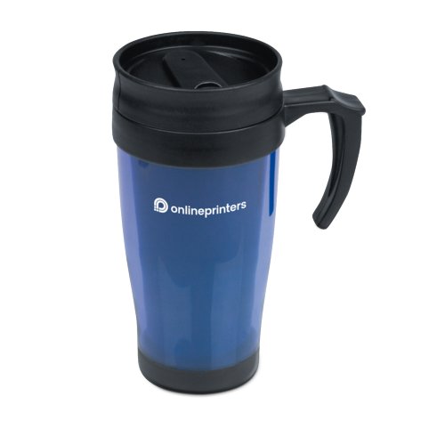 Blue plastic mug with lid and handle.