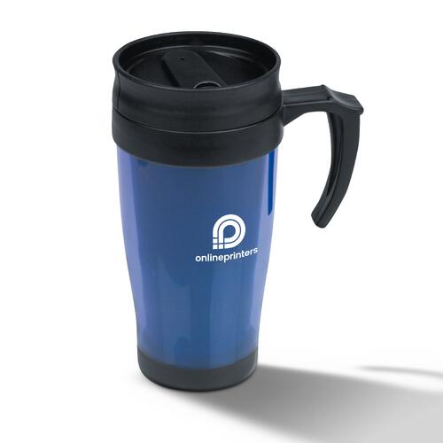 Blue plastic mug with lid and handle.