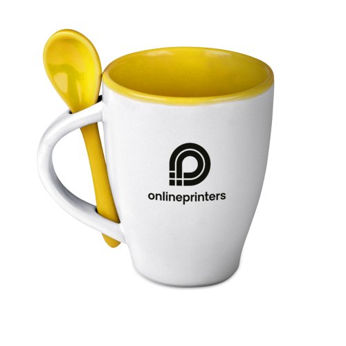 Yellow ceramic mug with matching spoon.